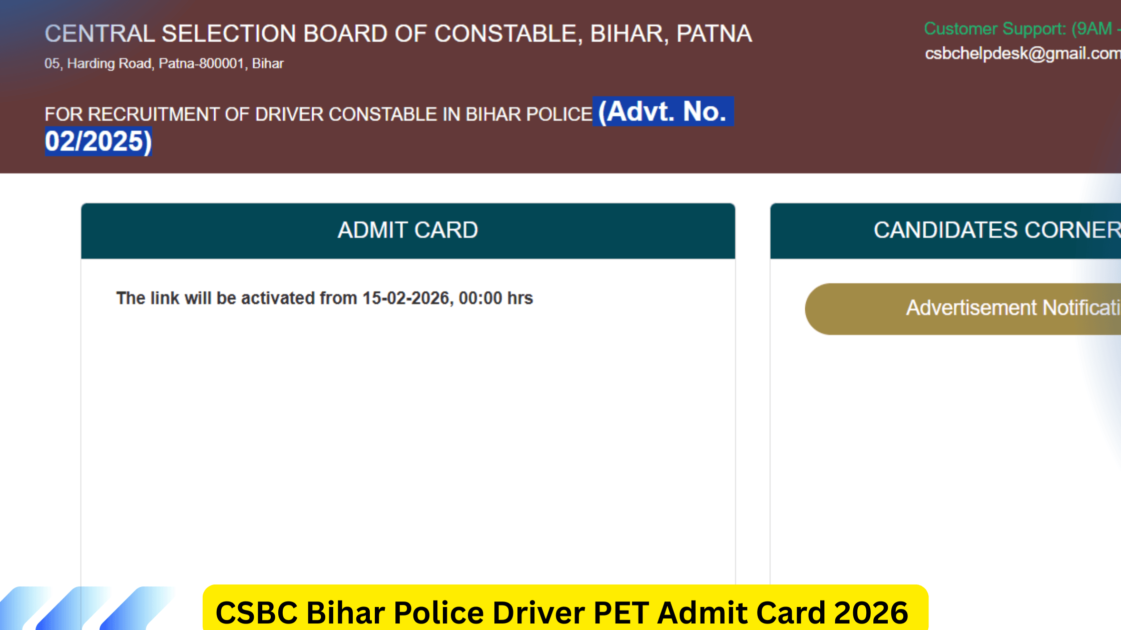 CSBC Bihar Police Driver PET Admit Card 2026