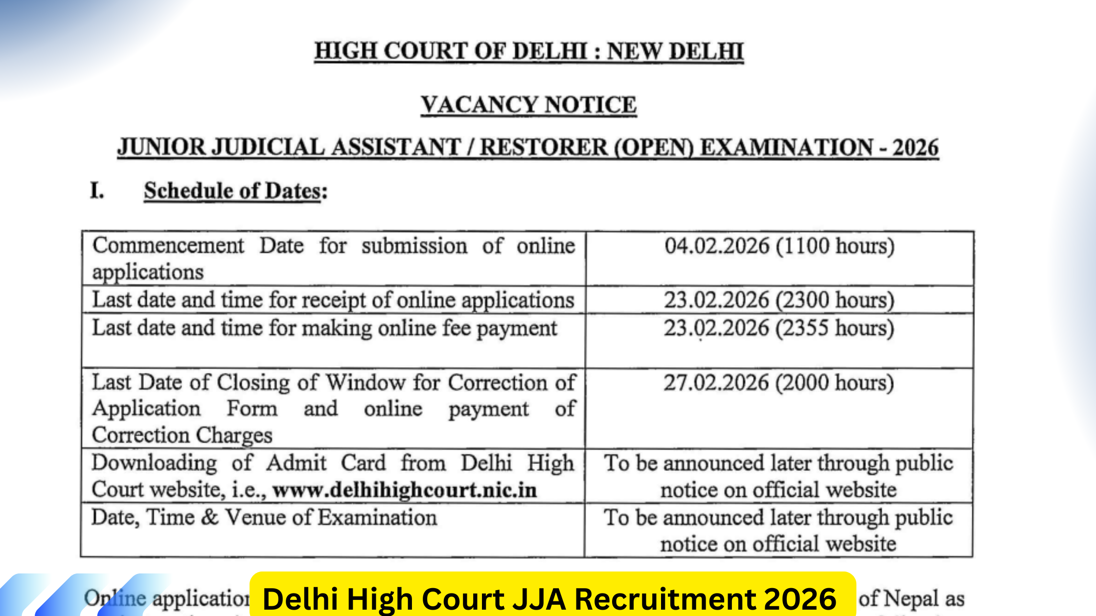 Delhi High Court JJA Recruitment 2026