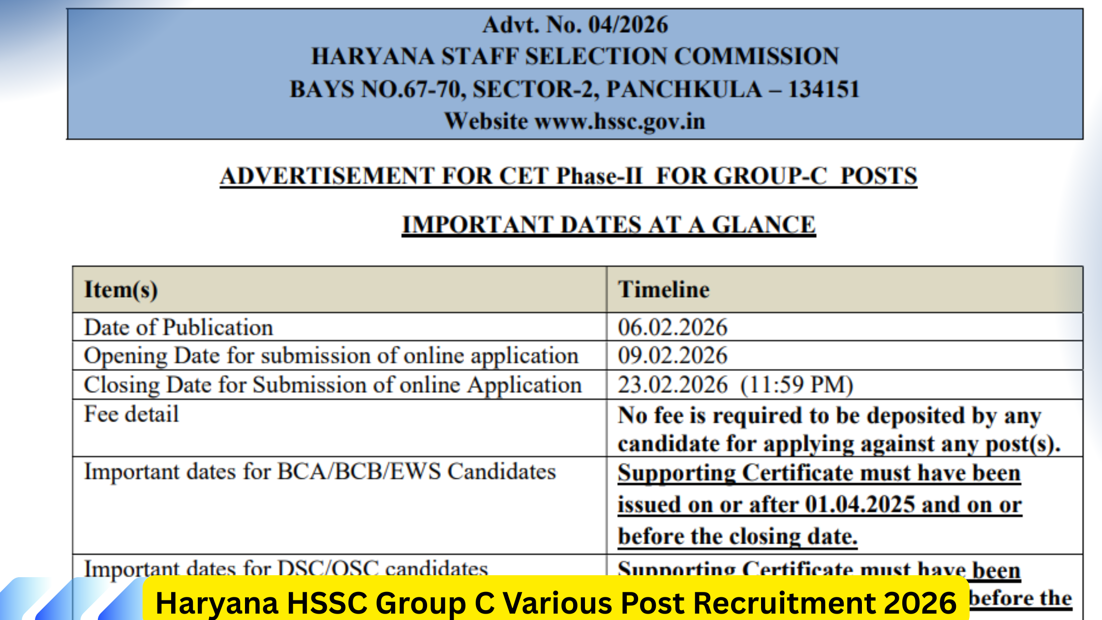 Haryana HSSC Group C Various Post Recruitment 2026