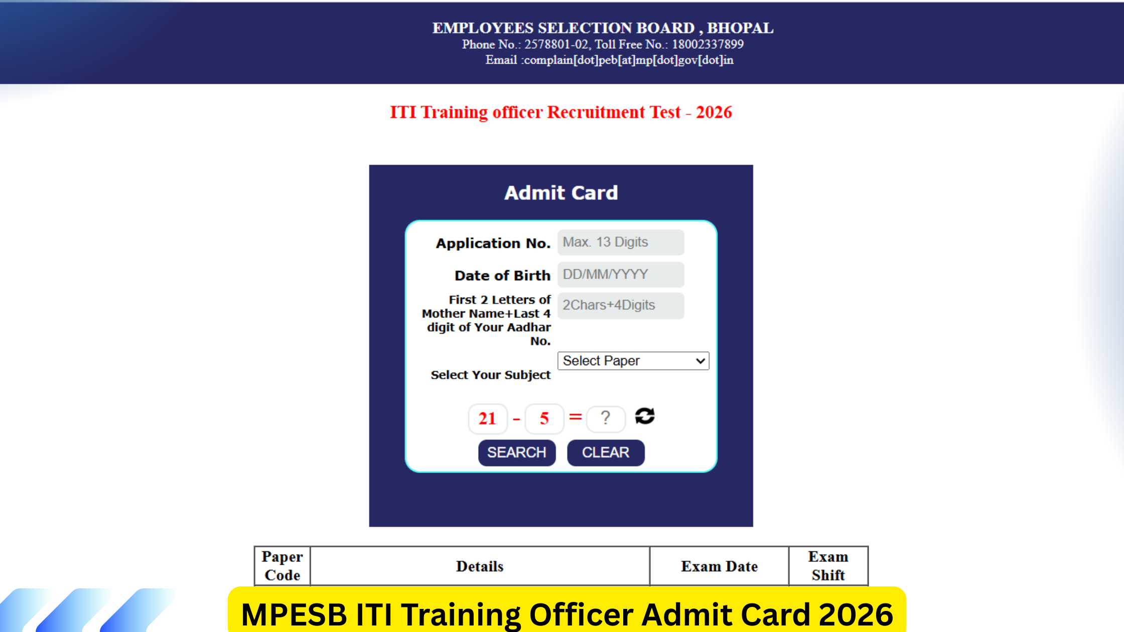 MPESB ITI Training Officer Admit Card 2026