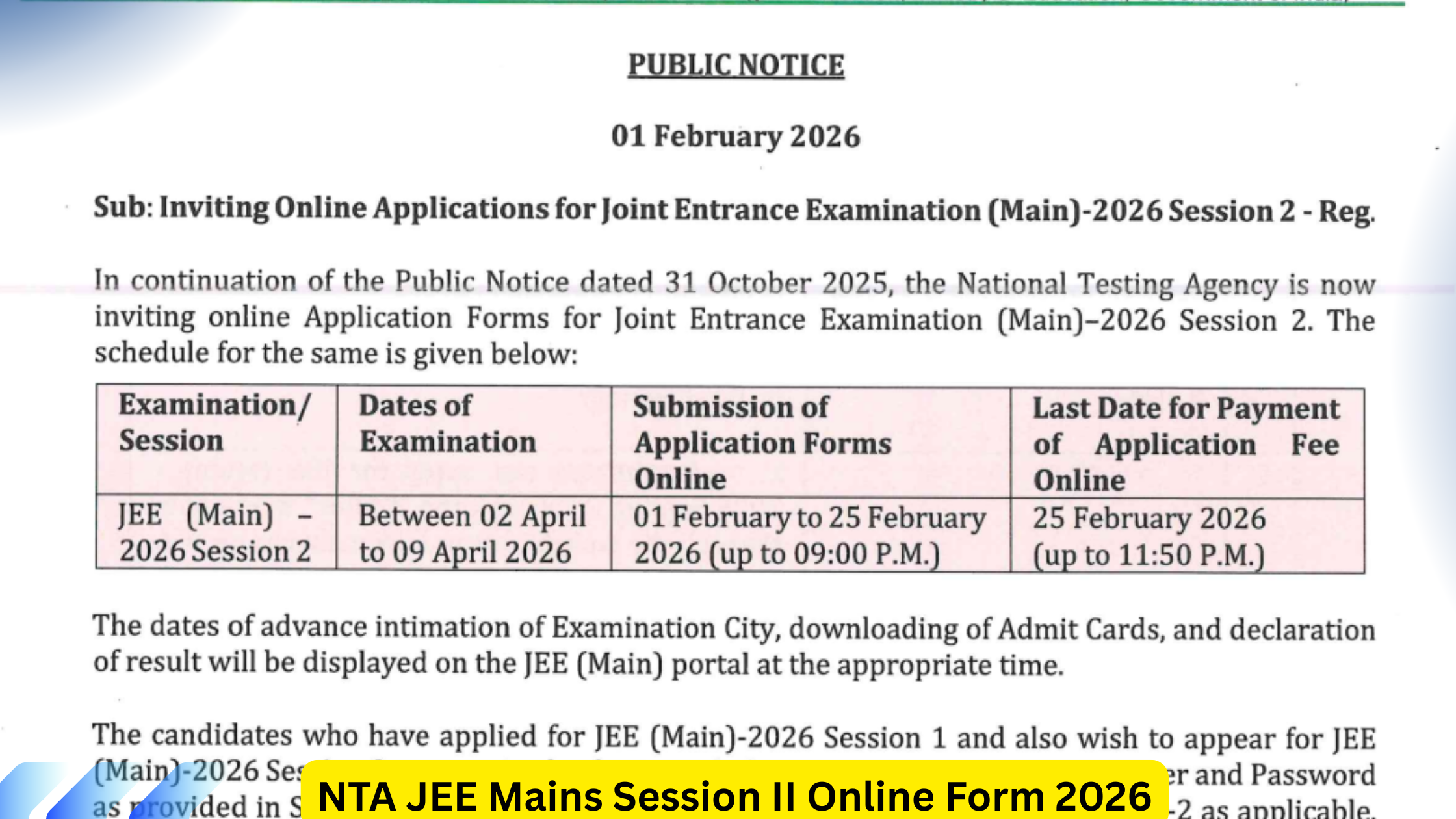NTA JEE Mains Session II Online Form 2026