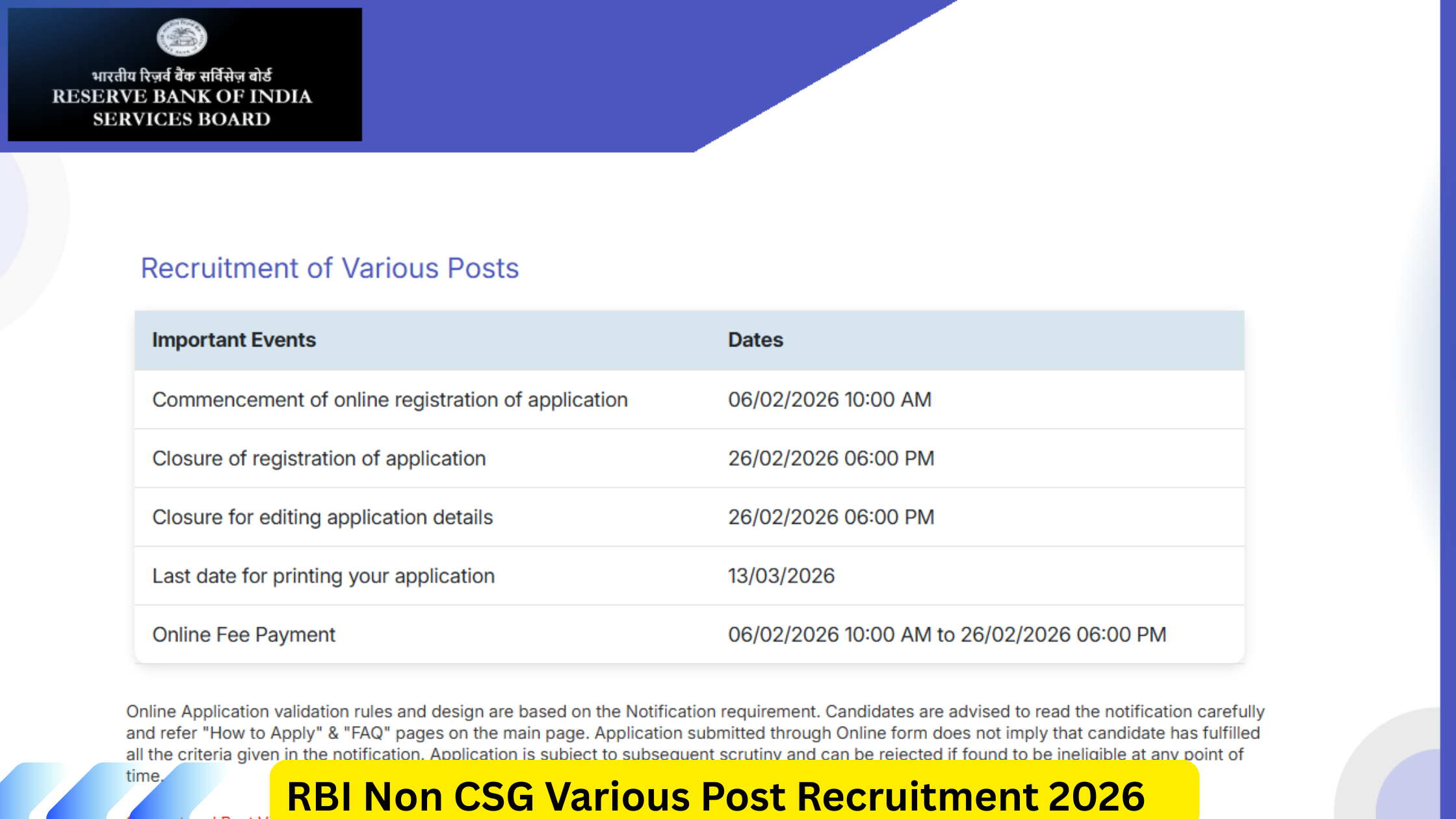 RBI Non CSG Various Post Recruitment 2026