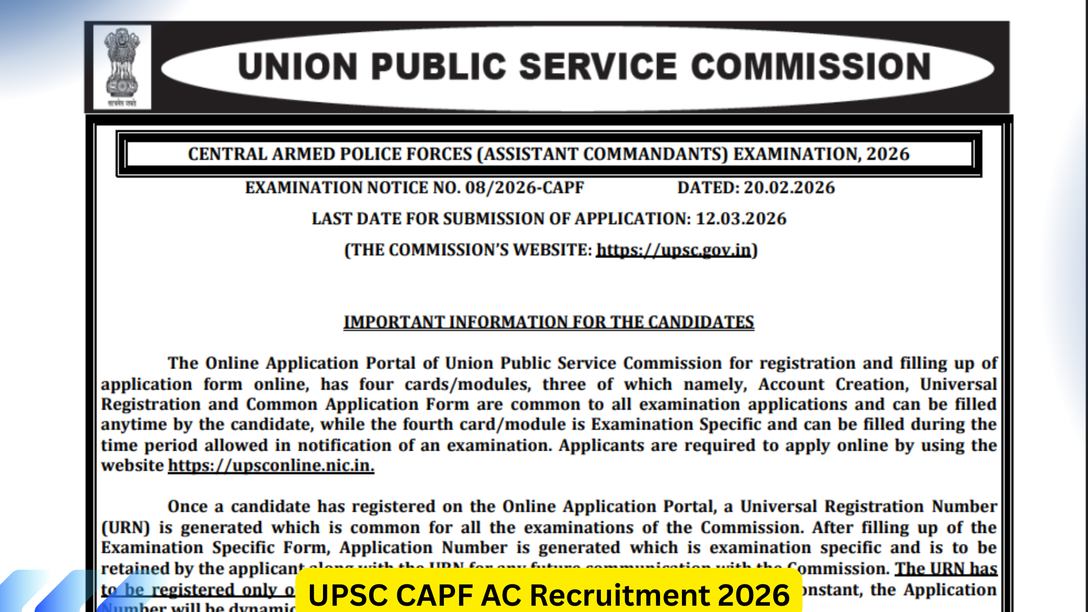 UPSC CAPF AC Recruitment 2026