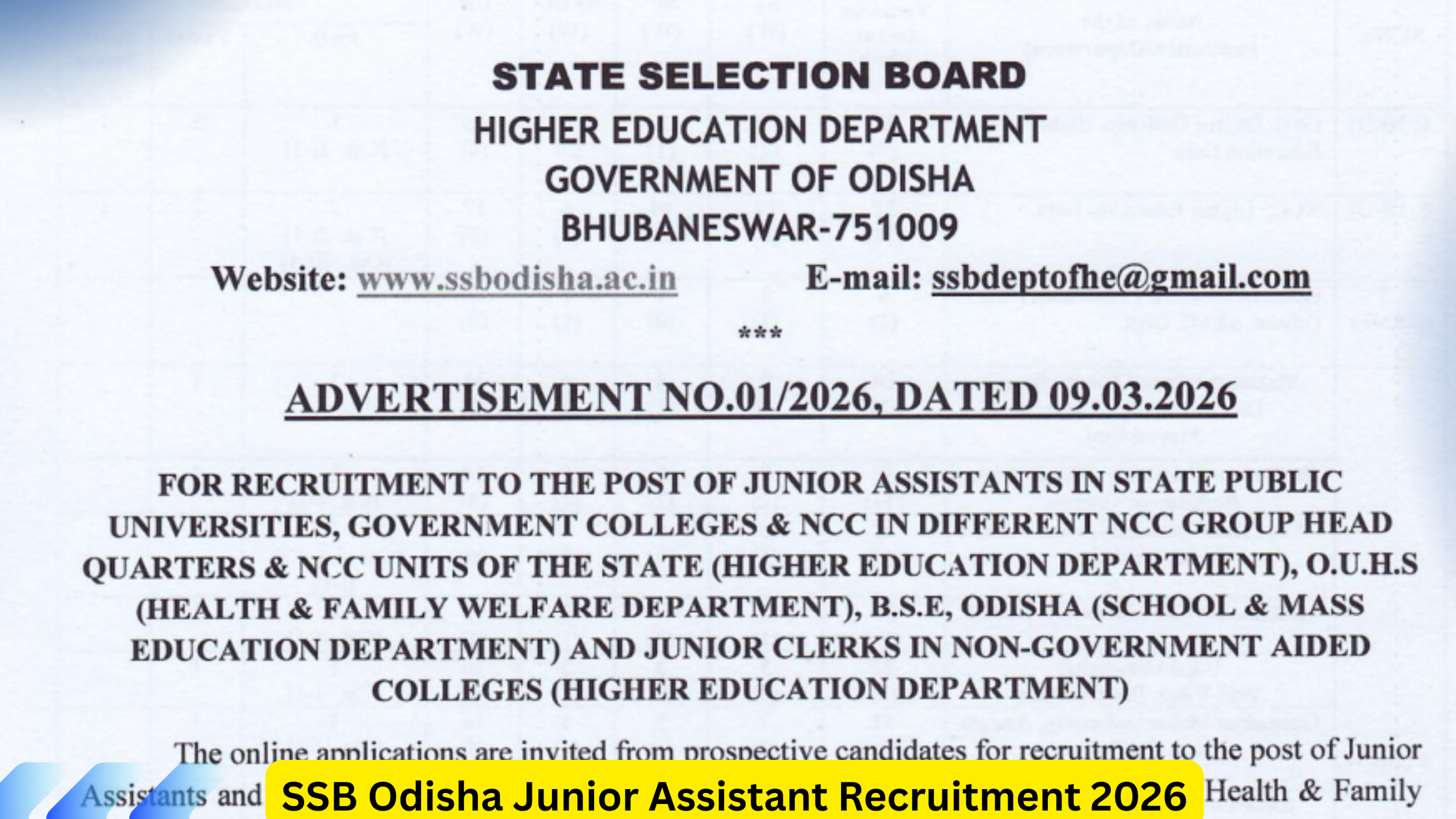 SSB Odisha Junior Assistant Recruitment 2026