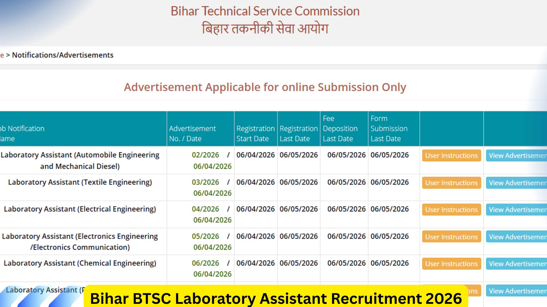 Bihar BTSC Laboratory Assistant Recruitment 2026
