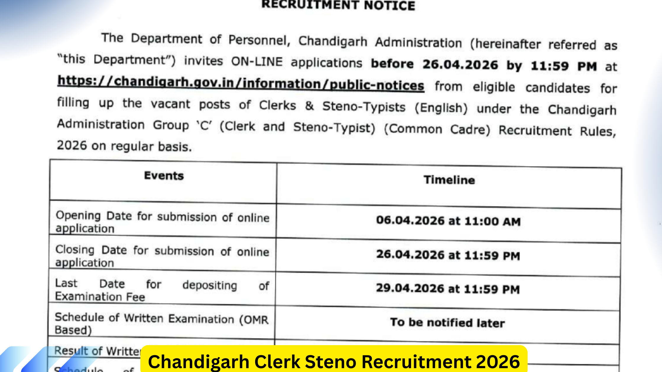 Chandigarh Clerk Steno Recruitment 2026