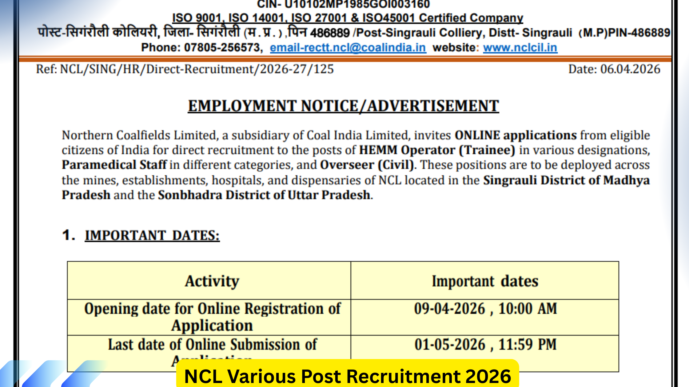 NCL Various Post Recruitment 2026
