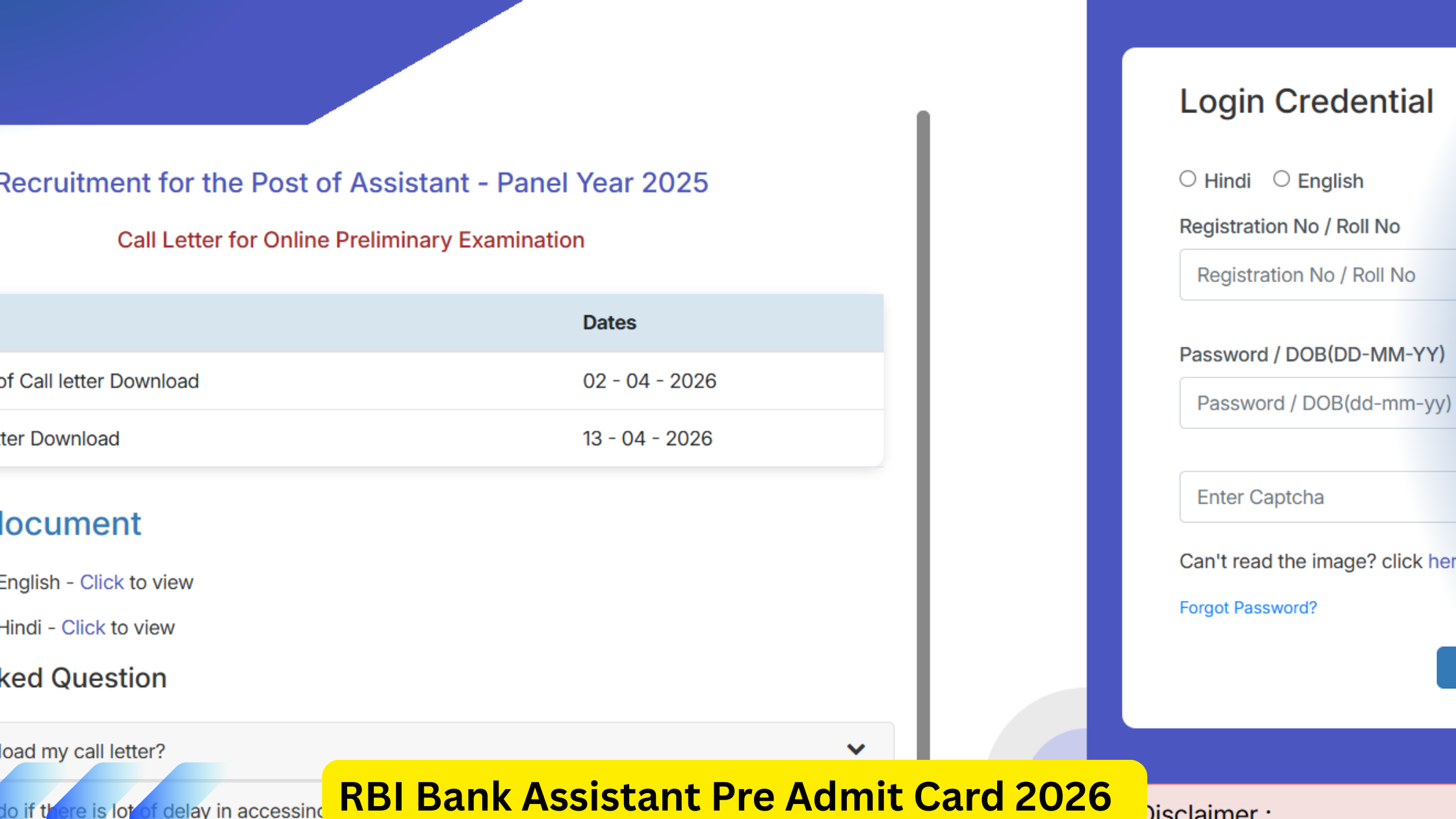 RBI Bank Assistant Pre Admit Card 2026
