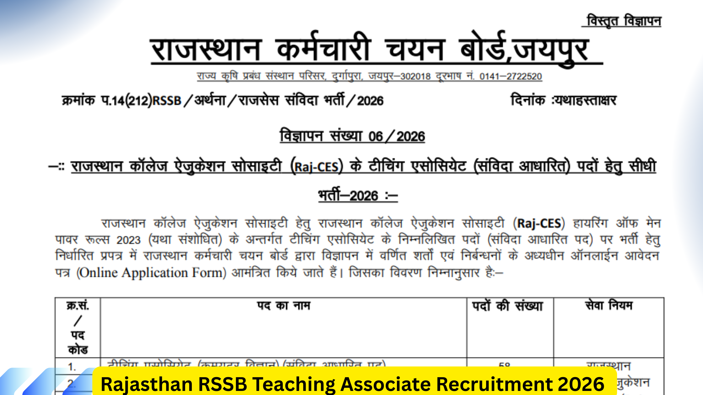 Rajasthan RSSB Teaching Associate Recruitment 2026