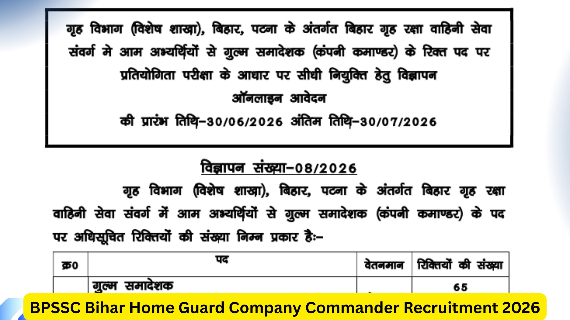 BPSSC Bihar Home Guard Company Commander Recruitment 2026