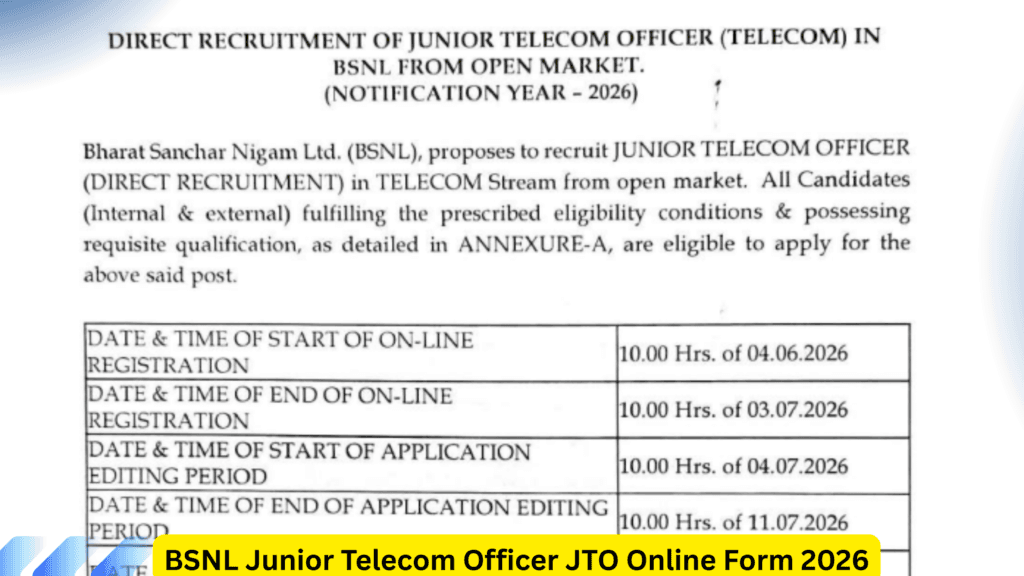 BSNL Junior Telecom Officer JTO Online Form 2026