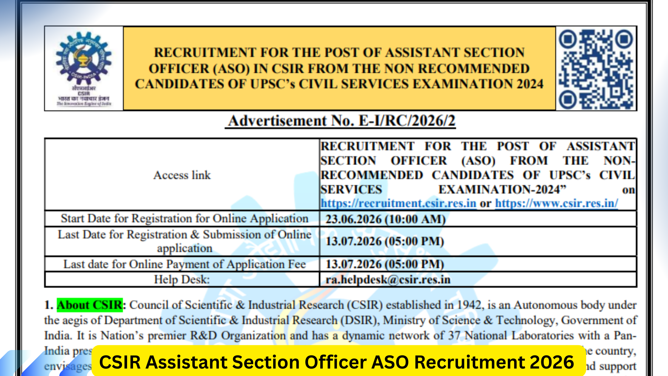 CSIR Assistant Section Officer ASO Recruitment 2026