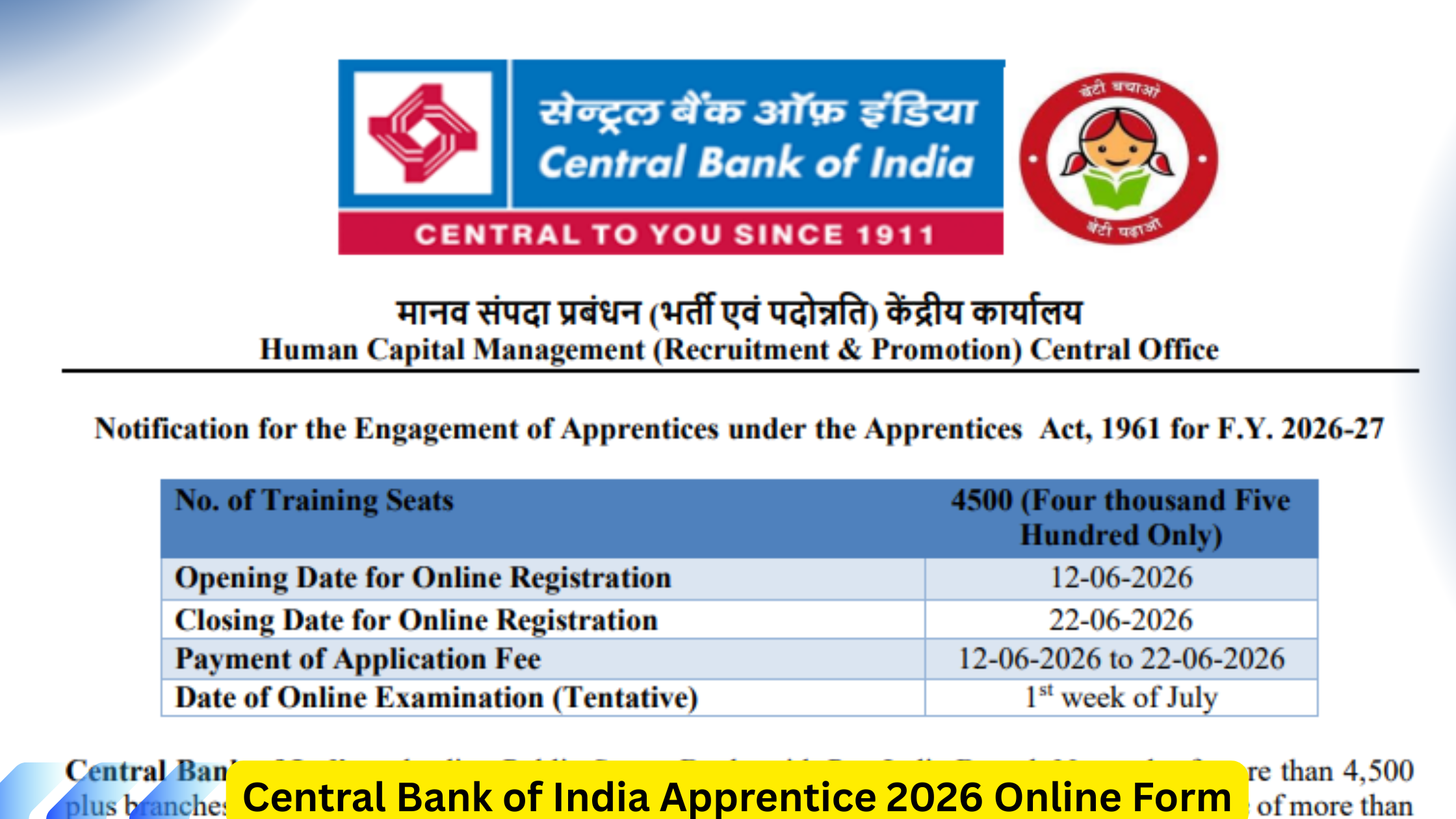 Central Bank of India Apprentice 2026 Online Form