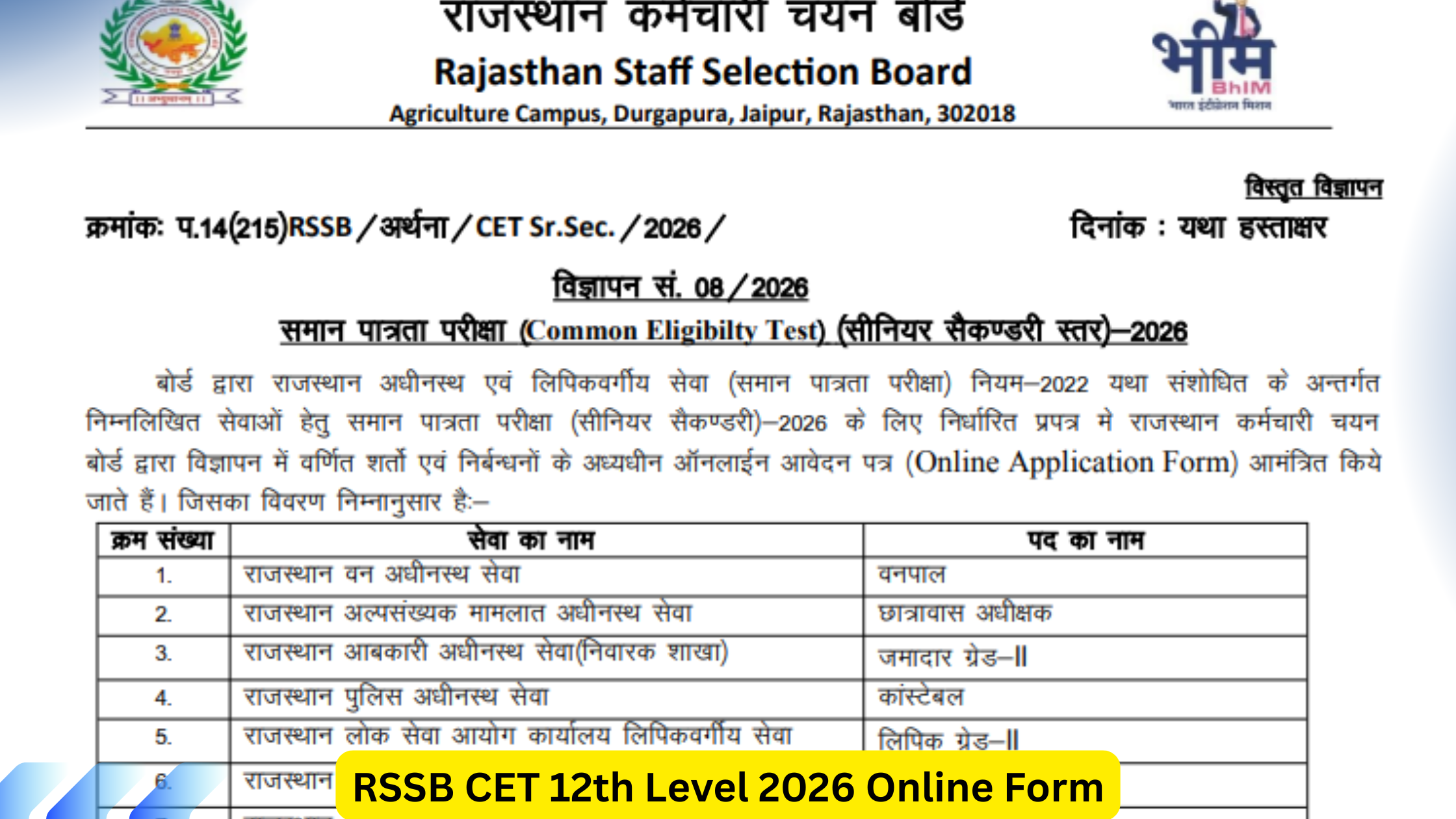 RSSB CET 12th Level 2026 Online Form