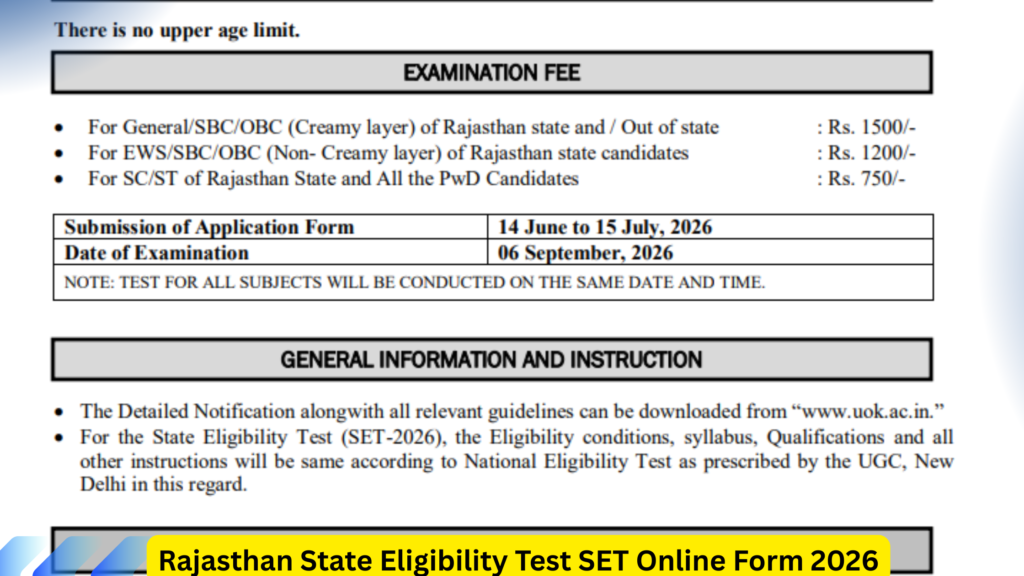 Rajasthan State Eligibility Test SET Online Form 2026