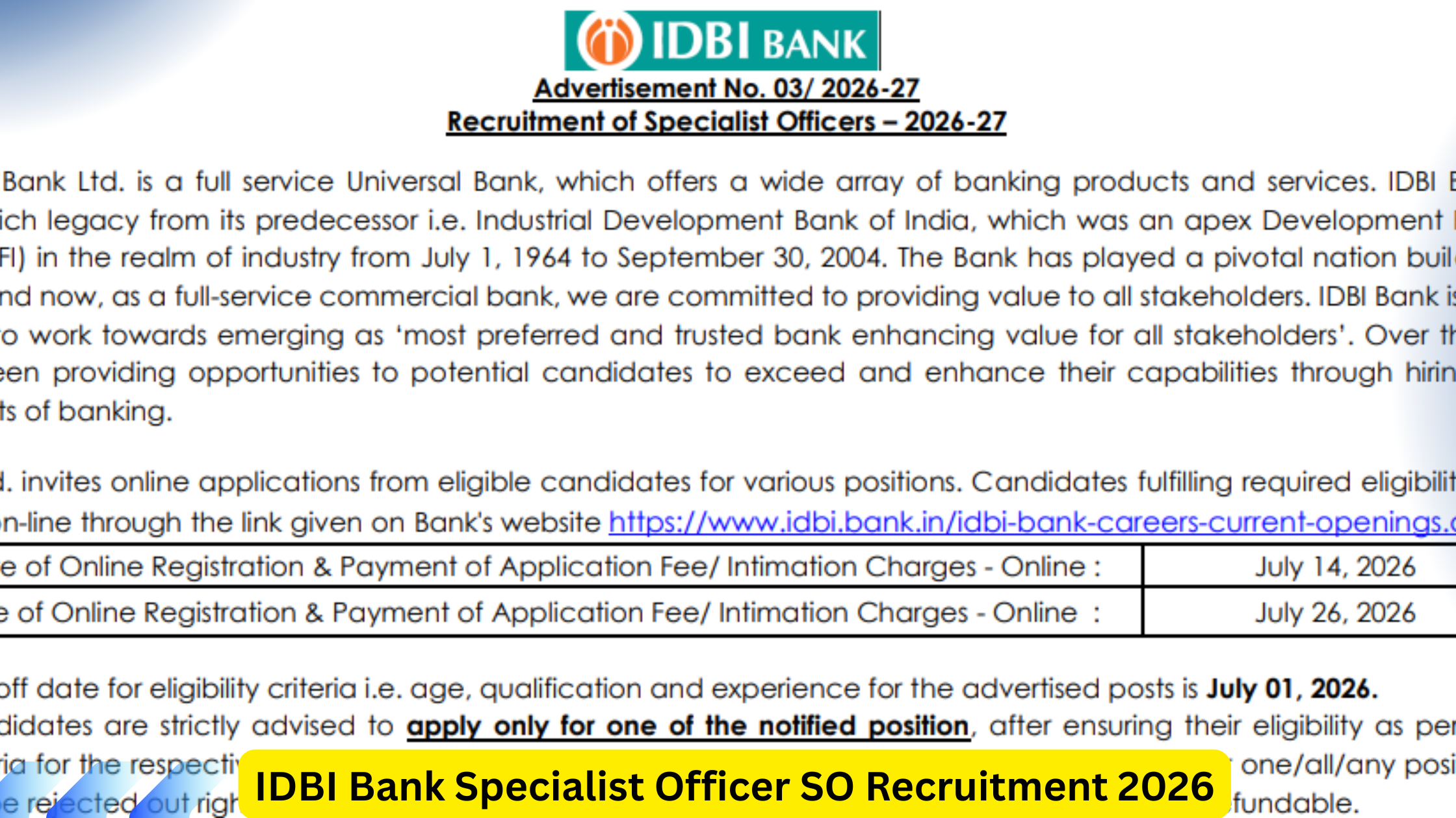 IDBI Bank Specialist Officer SO Recruitment 2026