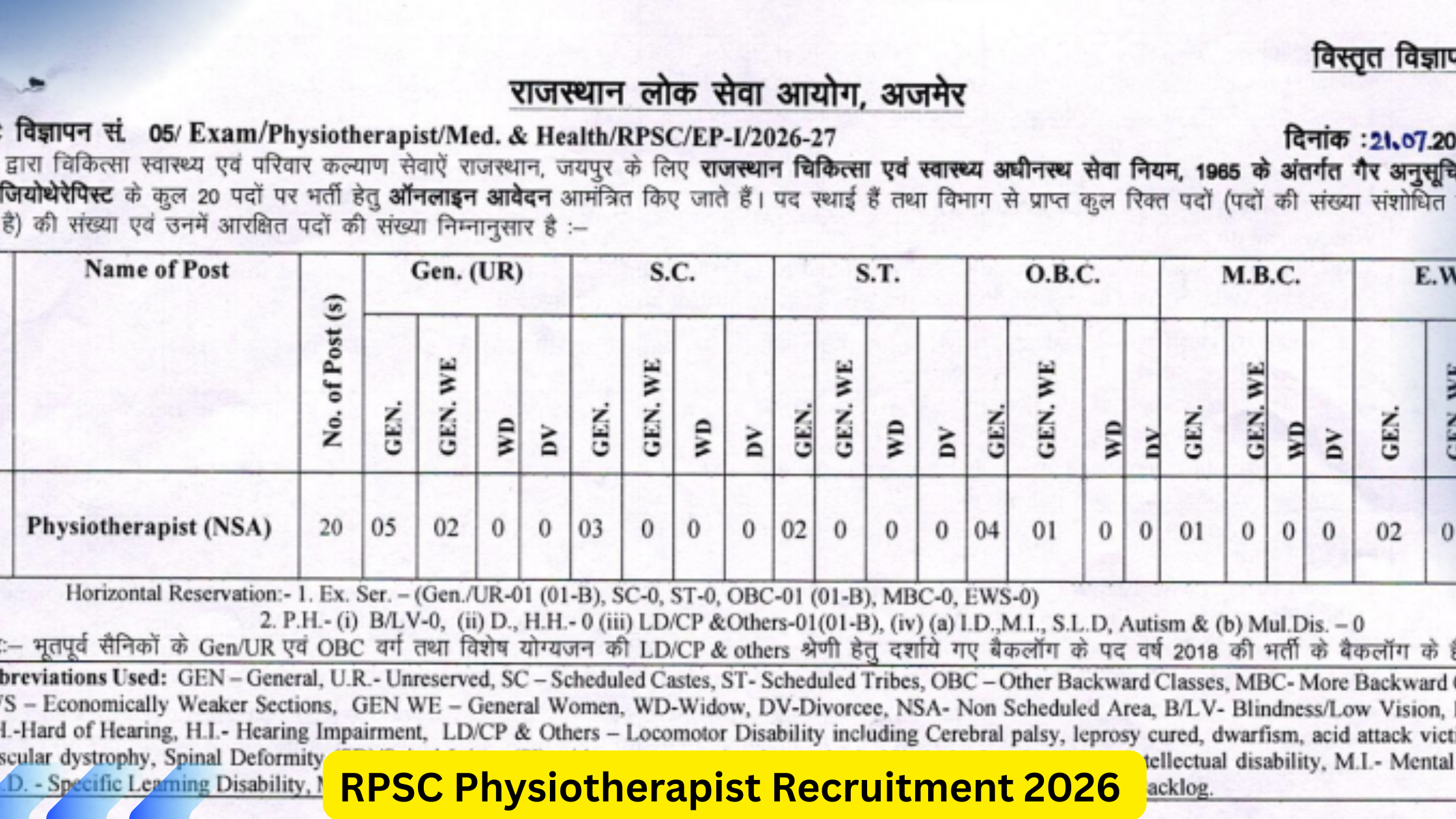 RPSC Physiotherapist Recruitment 2026