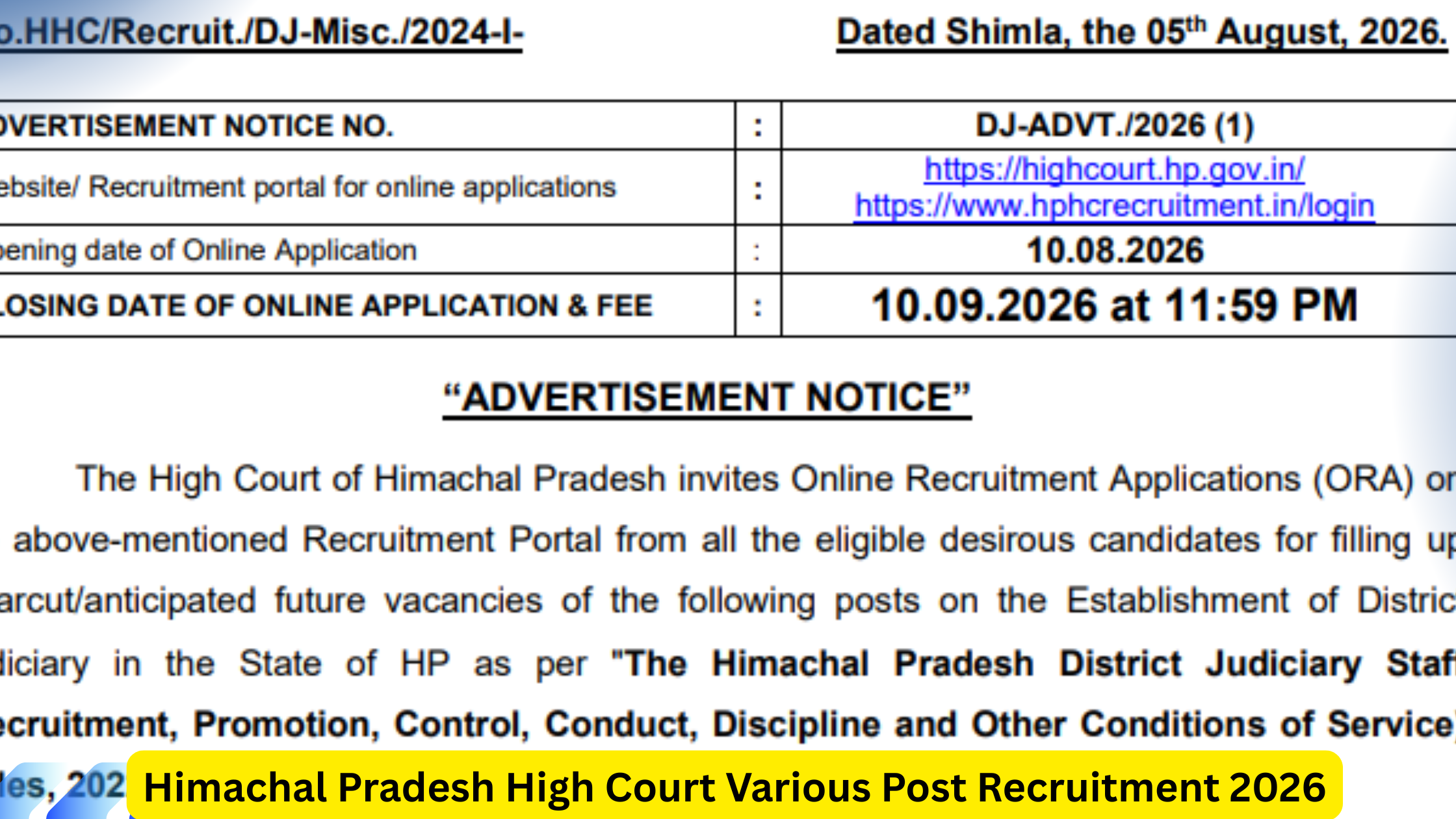 Himachal Pradesh High Court Various Post Recruitment 2026