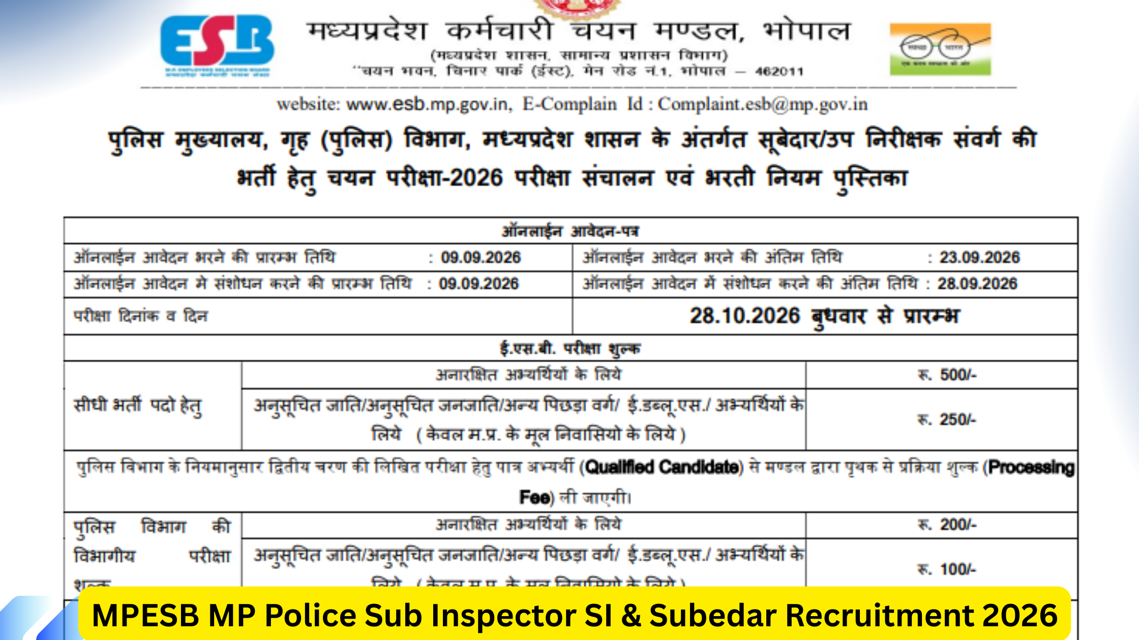 MPESB MP Police Sub Inspector SI Subedar Recruitment 2026