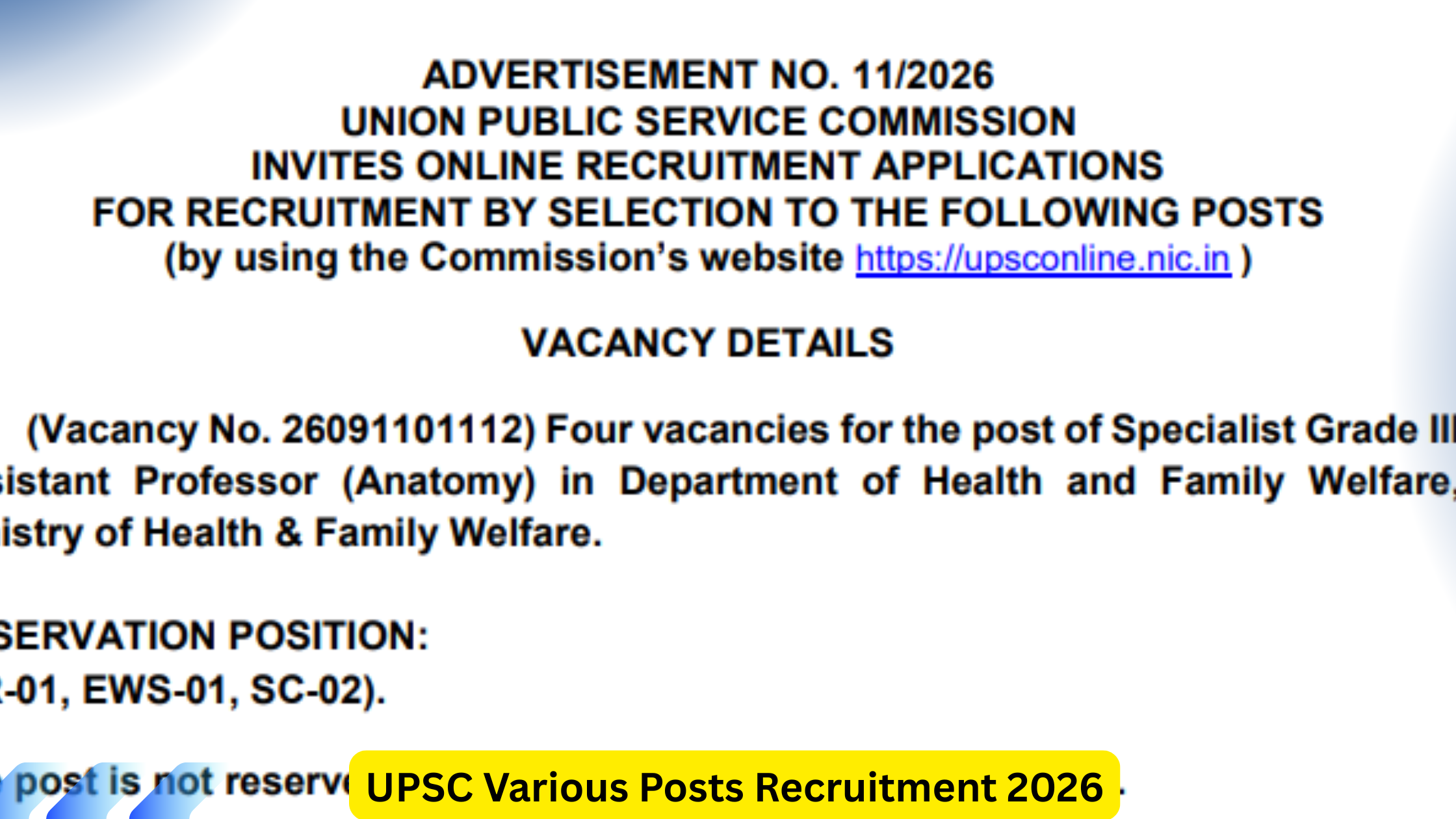 UPSC Various Posts Recruitment 2026