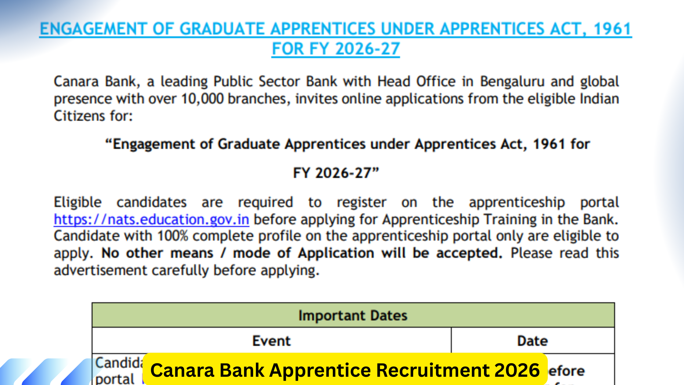 Canara Bank Apprentice Recruitment 2026