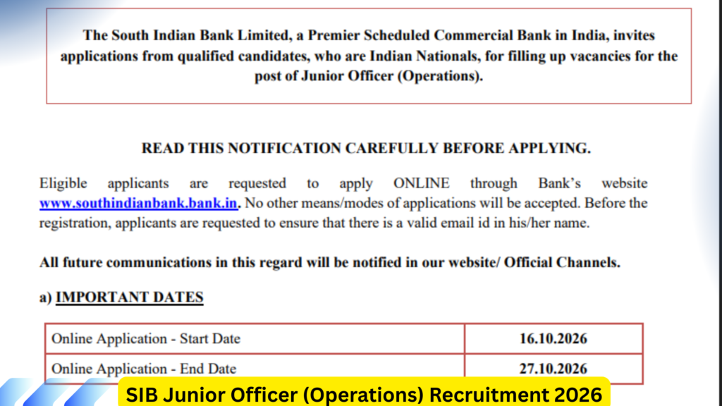 SIB Junior Officer (Operations) Recruitment 2026