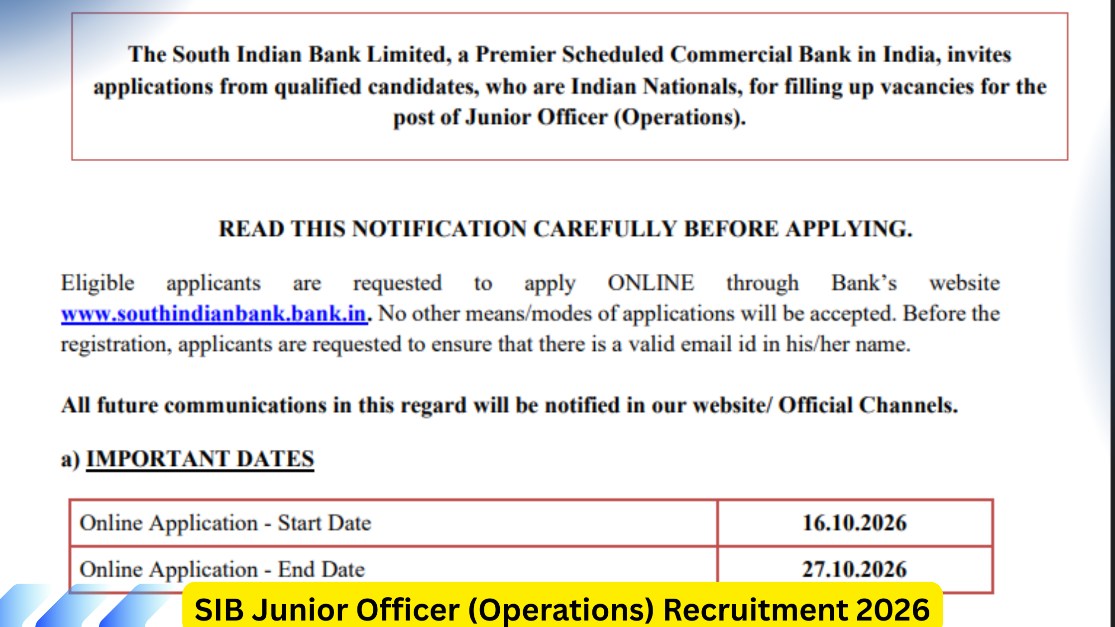 SIB Junior Officer (Operations) Recruitment 2026