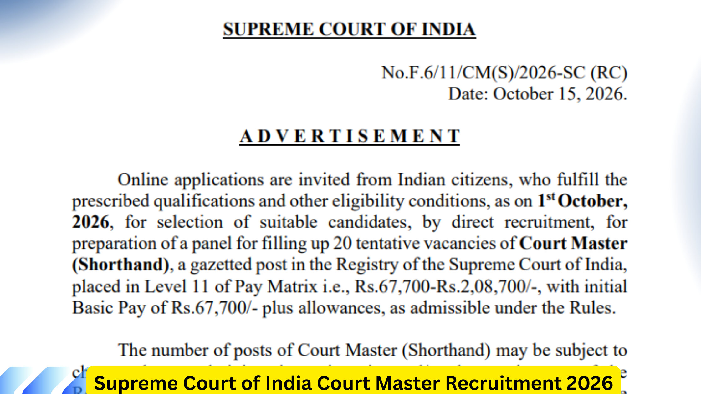 Supreme Court of India Court Master Recruitment 2026